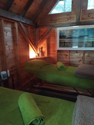 a room with two beds in a wooden cabin at Awa Natura in Aigues