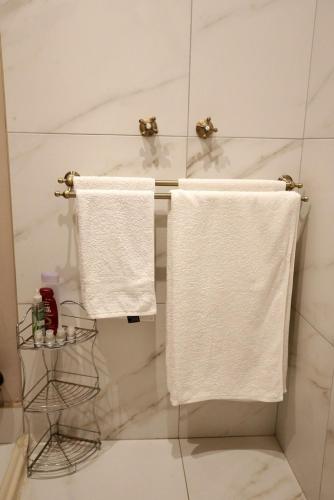 two white towels hanging on a towel rack in a bathroom at A La Maison Boutique Guesthouse in Parys