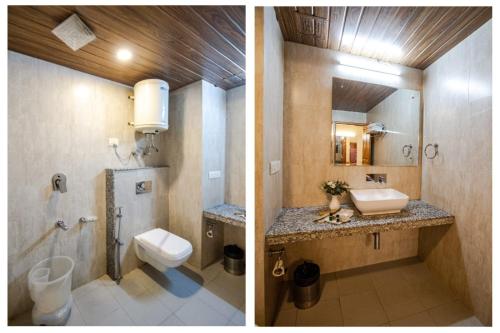 two pictures of a bathroom with a sink and a toilet at Sarthak Regency by M K Hospitality,Rangri, Manali,HP,Just 1 kms from Volvo parking in Manāli