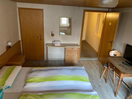 a bedroom with a bed and a desk and a sink at Zur Linde in Mühlheim an der Donau
