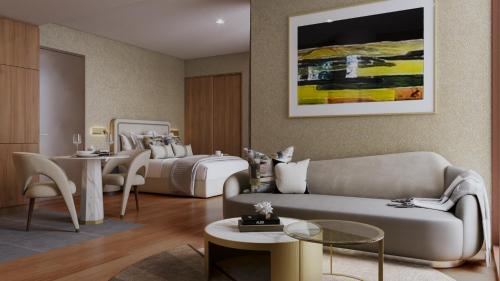 a hotel room with a bed and a couch and tables at Forbes Manaa Living in Perth