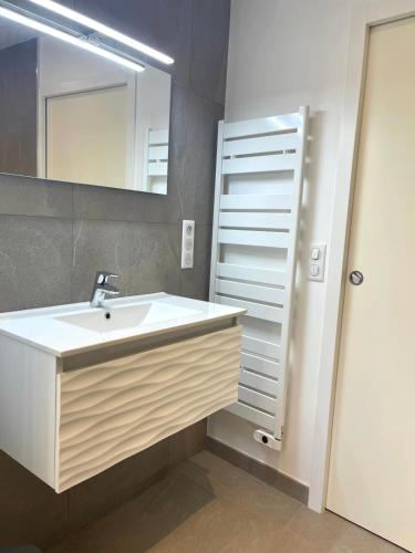 une salle de bain avec un lavabo et un miroir dans l'établissement Le Cèdre Magnifique Appartement à Cannes, à Cannes