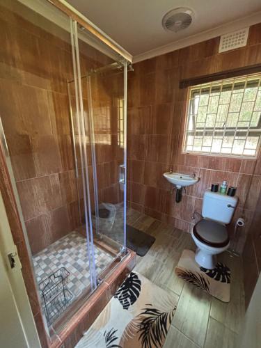 a bathroom with a shower and a toilet and a sink at Farmers Lodge in Piet Retief