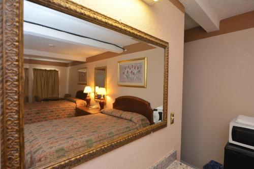 a large mirror in a hotel room with a bed at Newcastle Motel in Newcastle