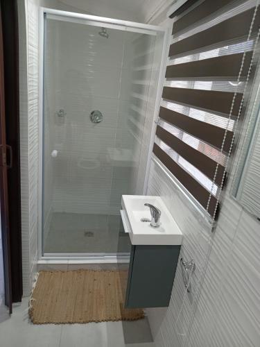 a bathroom with a sink and a shower at Daisy's Lane in East London
