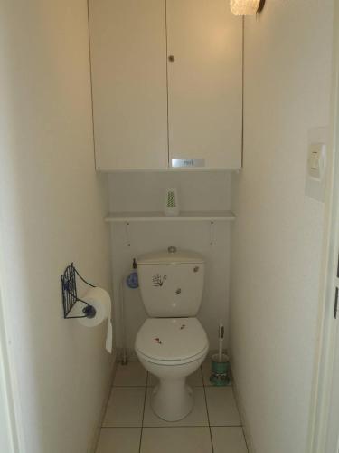 Elle comprend une petite salle de bains pourvue de toilettes et d'une armoire. dans l'établissement APPT 3 PIECES 28m2 + LOGGIA 8m2 REF 4046, à Le Castellas