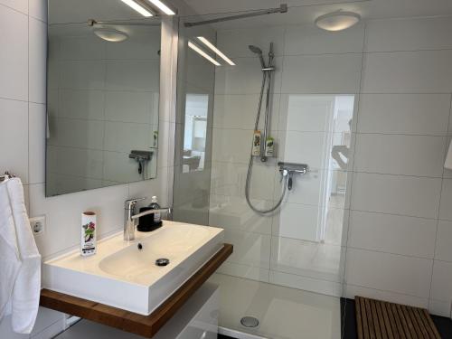 een badkamer met een wastafel en een douche bij Penthouse in zentraler Lage in Pforzheim