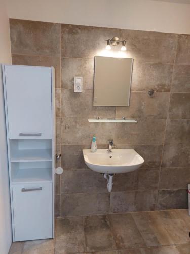 a bathroom with a sink and a mirror at Szárszó Apartmanok in Balatonszárszó