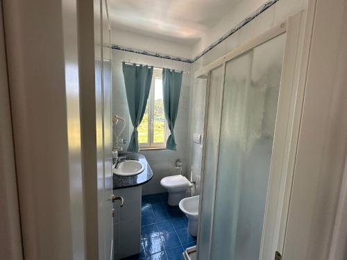 a bathroom with a sink and a toilet and a window at La Nassa in San Domino