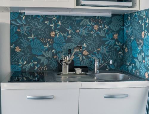 - une cuisine avec évier et papier peint à fleurs dans l'établissement Sympathique Studio près de Paris et de Disneyland, à Neuilly-sur-Marne