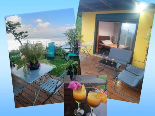 un collage de photos d'un salon et d'un balcon dans l'établissement NEW Joli Studio avec Vue mer imprenable - wifi, à Saint-Leu