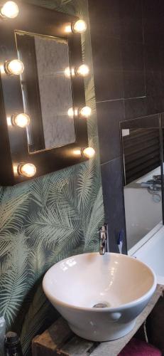 une salle de bain avec un lavabo blanc et un miroir dans l'établissement Chalet vue sur mer, à Saint-Martin-Plage