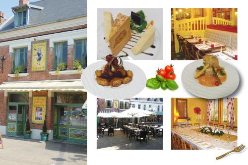 eine Collage mit Fotos mit Essen auf Tellern und Tischen in der Unterkunft La Porte De Bretagne in Péronne