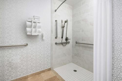a bathroom with a shower with a tiled floor at Hampton Inn Laredo in Laredo