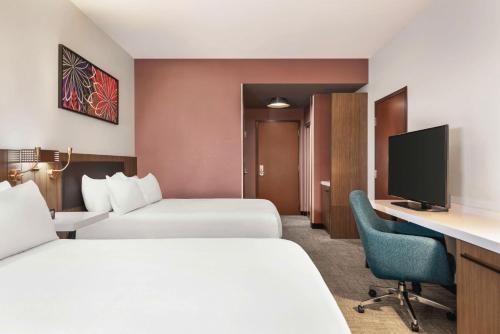a hotel room with two beds and a desk and a tv at Hilton Garden Inn Atlanta South-McDonough in McDonough