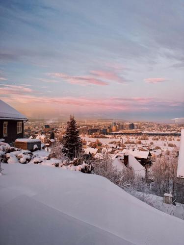 um quintal coberto de neve com uma cidade ao fundo em Apartment in Lillestrøm with free parking and great view em Lillestrøm