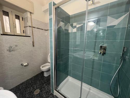 uma casa de banho com uma cabina de duche em vidro e um WC. em La dimora di zeus em Agerola