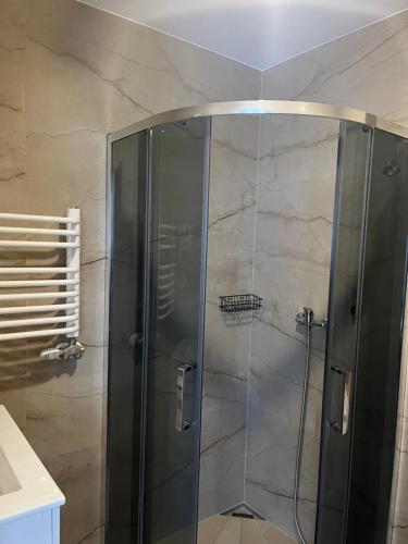 a shower with a glass door in a bathroom at Pokoje u Magdusi przy termach in Witów