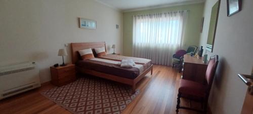 ein Schlafzimmer mit einem Bett und einem Teppich in der Unterkunft Vivenda do Parque Arouca in Arouca