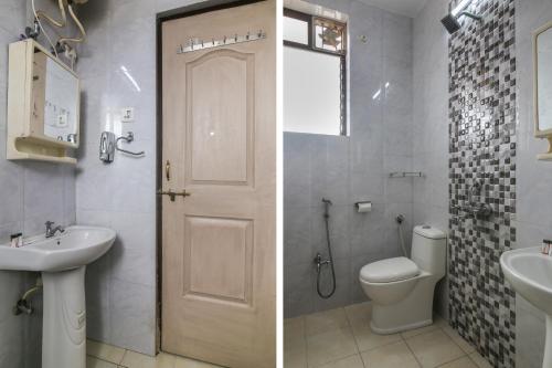 two pictures of a bathroom with a toilet and a sink at Flagship Dewa Near Dabolim Airport in Vasco Da Gama