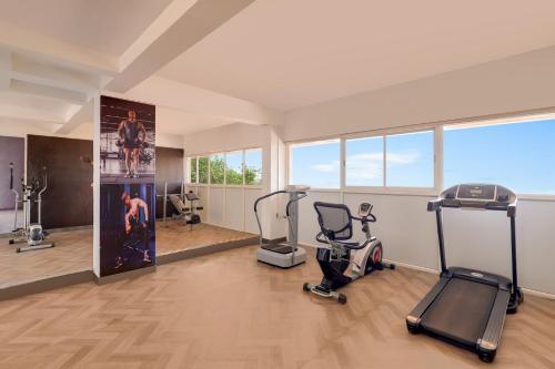 a gym with several exercise equipment in a room with windows at Lemon Tree Hotel, Dapoli in Dapoli