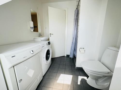 y baño blanco con aseo y lavadora. en aday - 1 bedroom balcony apartment on the pedestrian street in Randers en Randers