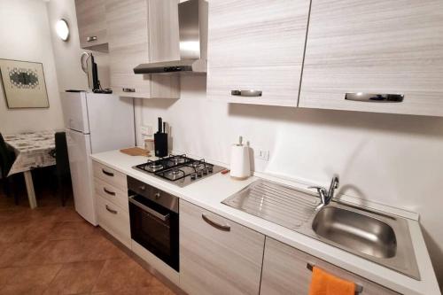 uma cozinha com um lavatório e um fogão forno superior em Casa al Poggio em Castana