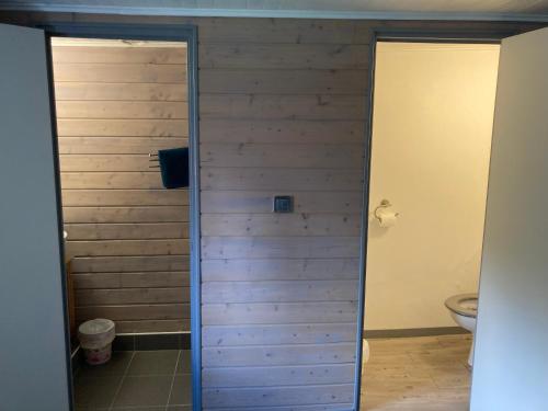 La salle de bains est pourvue de toilettes et d'un mur en bois. dans l'établissement Suite Familiale dans un ancien hôtel plein de charme, à Baume-les-Dames