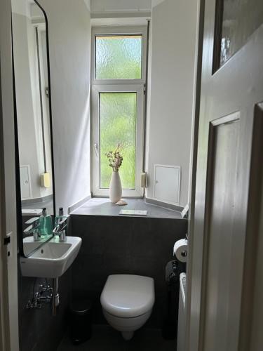 ein Bad mit einem WC, einem Waschbecken und einem Fenster in der Unterkunft Welcome to Künstlerflair in München