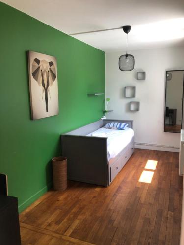 a bedroom with a bed in a green wall at Chambre meublée verte boulevard Joseph vallier in Grenoble