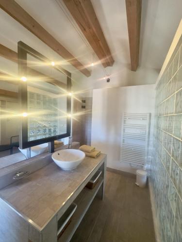 La salle de bains est pourvue d'un lavabo et d'un comptoir avec un bol. dans l'établissement Superbe maison avec jacuzzi, à Aregno
