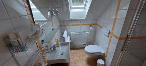 een badkamer met een toilet, een wastafel en een douche bij Ferienwohnung Lucke in Luftkurort Lückendorf