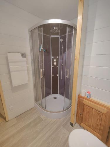 une douche avec une porte vitrée dans une salle de bain dans l'établissement Location MarjoRI - T2 Le Roselin, au Lauzet-Ubaye