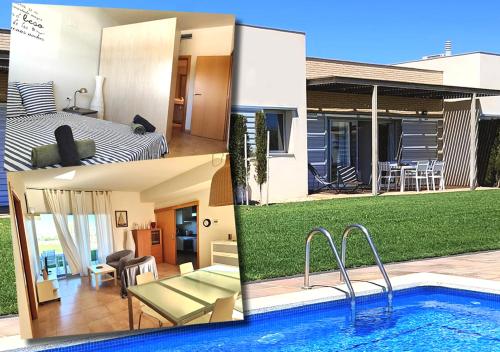 two pictures of a house with a swimming pool at Casa Pascal cœur du Delta in L'Ampolla