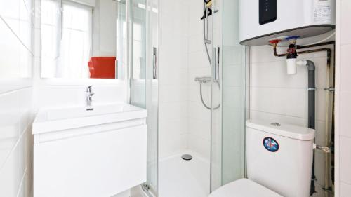une salle de bain avec une douche, des toilettes et un lavabo dans l'établissement Le Cosy Hermite, à Nancy