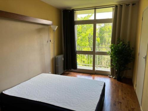 une chambre avec un lit et une grande fenêtre dans l'établissement Appartement BAILA, proche de St Emilion et Bordeaux, à Libourne