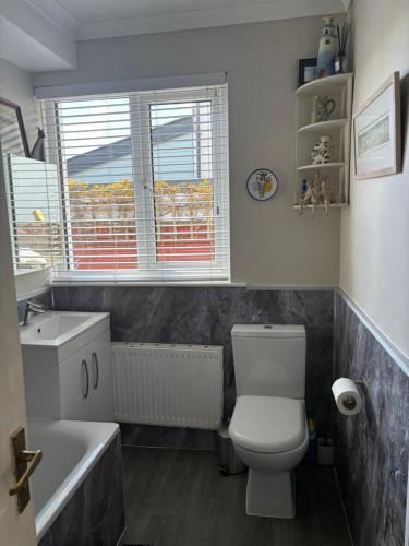 a bathroom with a toilet and a sink and a tub at Gwynarth Guest House in Wadebridge