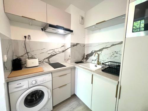 une cuisine avec une machine à laver et un évier dans l'établissement Le Clos Demoiselles, à Poitiers
