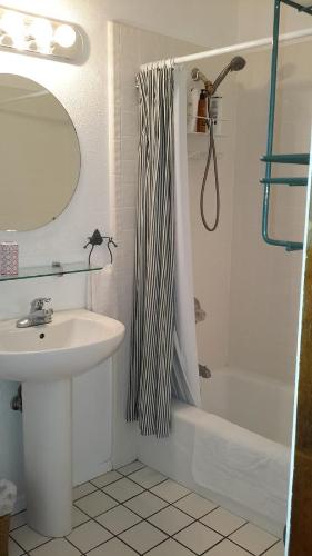 a bathroom with a sink and a shower curtain at Desert Trails Bed & Breakfast in Tucson