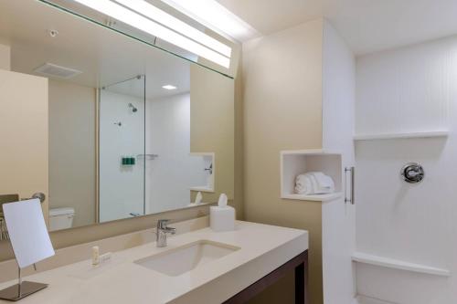 a bathroom with a sink and a large mirror at Courtyard by Marriott Savannah Airport in Savannah