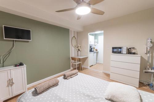 une chambre avec un lit avec un ventilateur de plafond dans l'établissement Le Fritz : Studio Cosy/moderne, à Strasbourg