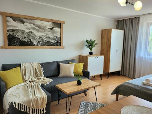 ein Wohnzimmer mit einem Sofa und einem Tisch in der Unterkunft Apartamenty Velvet in Kościelisko