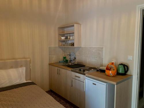 a small kitchen with a sink and a stove at Galazia Nera Apartments in Agios Andreas