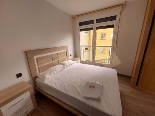 een slaapkamer met een bed en een groot raam bij Apartamentos Manolo in Lugo