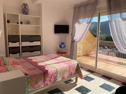 sypialnia z łóżkiem i dużym oknem w obiekcie Studio cosy avec terrasse, parking et wifi - Idéal cures et centre-ville, Amélie-les-Bains - FR-1-703-3 w mieście Amélie-les-Bains-Palalda