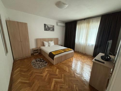 a bedroom with a bed and a television in it at Casa RoxAmy in Orşova