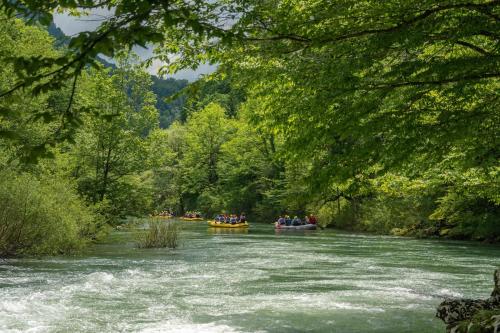 a group of people in boats on a river at Fun and Games Homestead Lukec - Happy Rentals in Kostel