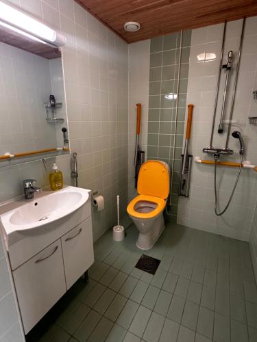 a bathroom with an orange toilet and a sink at Grand Hostel Imatra in Imatra