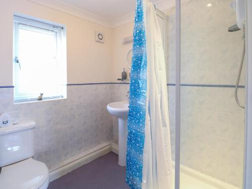 een badkamer met een douche, toilet en wastafel bij Paws-A-While in Norwich