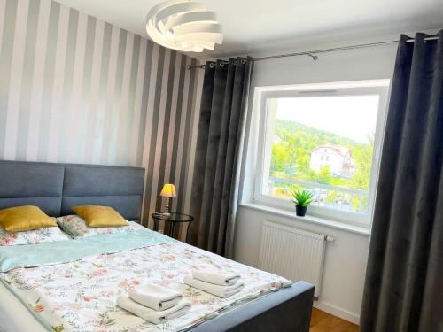 1 dormitorio con cama y ventana grande en Apartament Odpoczynek en Ustrzyki Dolne